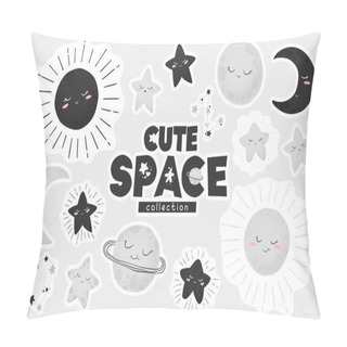 Personality  Vector Illustration With Cute Hand Drawn Cartoon Space Stickers Collection Sun, Moon, Planets And Stars Isolated On Grey Background. Design For Planners, Laptop Stickers, Card, Stationary Pillow Covers