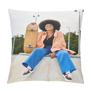 Personality  A Young African American Woman With Curly Hair Confidently Sits Atop A Skateboard Ramp In An Outdoor Skate Park. Pillow Covers