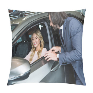 Personality  Seller In Formal Wear Recommending Automobile To Woman At Dealership Salon Pillow Covers