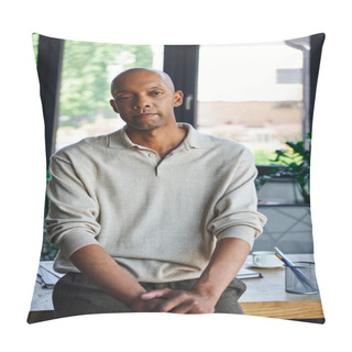 Personality  Bold Dark Skinned Man With Myasthenia Gravis Disease Standing With Walking Cane, African American Office Worker With Ptosis Eye Syndrome, Inclusion, Stationery On Desk, Professional Headshots  Pillow Covers