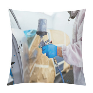 Personality  Man With Protective Clothes And Mask Painting Car Using Spray Compressor. Selective Focus. Pillow Covers