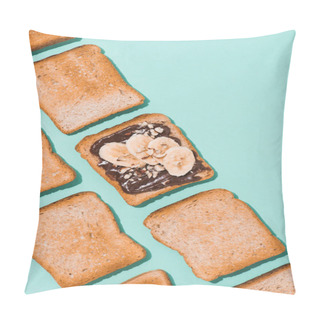 Personality  Top View Of Toasts With Chocolate Paste And Banana On Blue Surface Pillow Covers