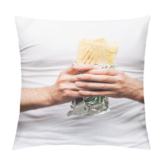 Personality  Partial View Of Man Holding Doner Kebab In Aluminium Foil Pillow Covers