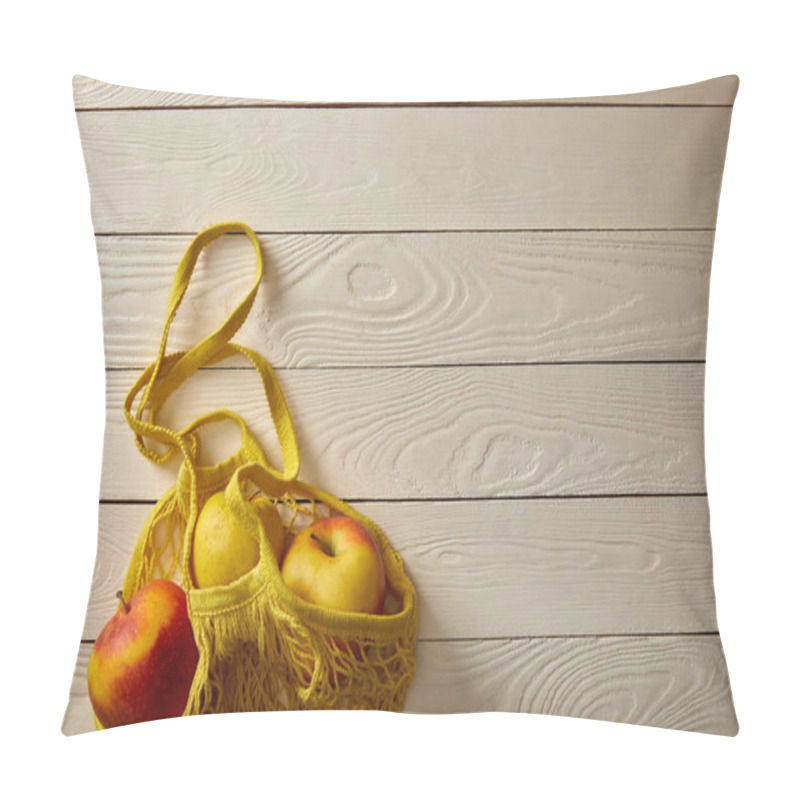 Personality  Top View Of String Bag With Rape Apples On White Wooden Surface, Zero Waste Concept Pillow Covers