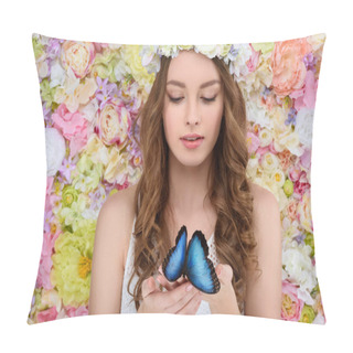 Personality  Attractive Young Woman In Floral Wreath Holding Blue Butterfly Pillow Covers