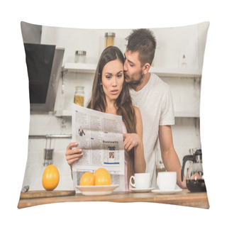 Personality  Shocked Girlfriend Reading Newspaper And Boyfriend Kissing Her In Morning At Kitchen Pillow Covers