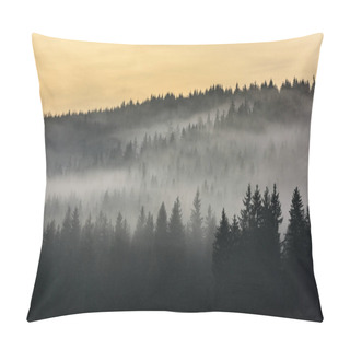 Personality   Detail Of Dense Pine Forest In Morning Mist. Fog Above Pine Forests. Pillow Covers