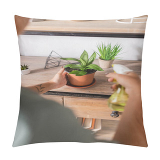 Personality  Partial View Of Blurred African American Florist Holding Spray Bottle Near Natural Potted Plants On Rack Pillow Covers