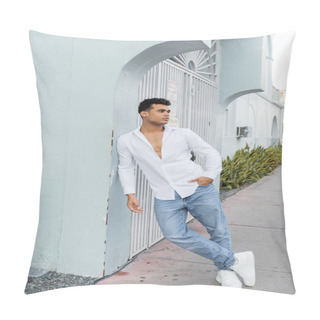 Personality  Full Length Of Handsome Cuban Man In Stylish Shirt And Blue Jeans Posing On Street In Miami Pillow Covers