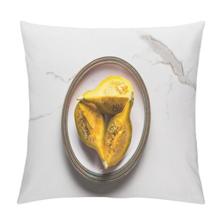 Personality  Top View Of White Plate With Pumpkin On Marble Surface Pillow Covers