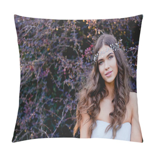 Personality  The Brunette Is Lying In A Dress, Touches Her Lips . The View From The Top Pillow Covers