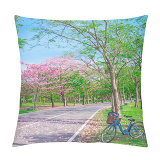 Personality  Bicycle And Flowers Of Pink Trumpet Trees Are Blossoming In  Public Park Of Bangkok, Thailand Pillow Covers