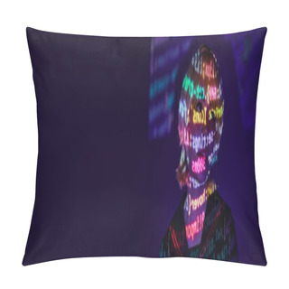 Personality  Young Cosplay Woman In Colorful Neon Programming Symbols Projection On Blue Backdrop, Banner Pillow Covers