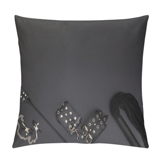 Personality  Leather Handcuffs, Whip, Nipple Clamps And Stack On Black Background Pillow Covers