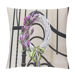 Personality  Beautiful Wreath Of Flowers Hanging On Metal Gate Pillow Covers