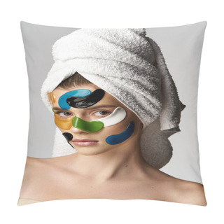 Personality  A Beautified Young Woman With Eye Patches Relaxes With A Towel Wrapped Around Her Head In A Spa Setting. Pillow Covers