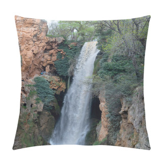Personality  Lush Greenery Frames The Powerful Cascade At Monasterio De Piedra, A Serene Escape Perfect For Nature And Travel Themes. Pillow Covers