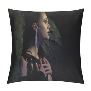 Personality  Profile Of Sexy Woman In Shiny Earring And Halloween Costume Of Fallen Angel With Wings On Black Pillow Covers