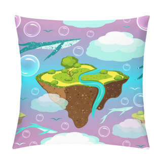 Personality  Childrens Fantastic Pattern. Flying Islands And Whales. Islands, Whales, Birds, Bubbles Fly Or Float In The Sky. On The Islands Of Grass, A Tree, A River. Purple Blue Background Pillow Covers