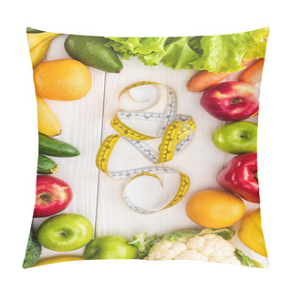 Personality  Top View Of Fresh Fruits And Vegetables And Measuring Tape On Wooden Table   Pillow Covers