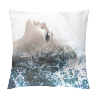 Personality Double Exposure Of Girl Profile Portrait And Sea Foam Texture Pillow Covers