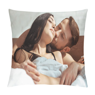 Personality  Good-looking Man Kissing Beautiful And Brunette Woman In Bedroom  Pillow Covers