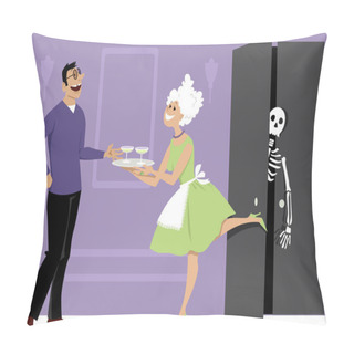 Personality  Smiling Woman Offering Cocktails To A Guest And Shutting A Door Of A Closet With A Skeleton Inside, EPS 8 Vector Illustration Pillow Covers