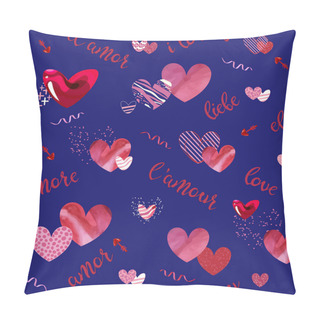 Personality  With Red And Pink Hearts With Word Love Written In Different Languages Isolated On Blue Background. Vector Illustration Pillow Covers