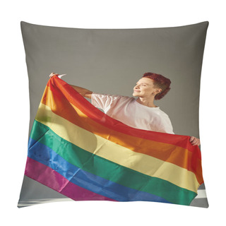 Personality  Happy And Unique Queer Person In White T-shirt Posing With Rainbow Colors LGBT Flag On Grey Backdrop Pillow Covers