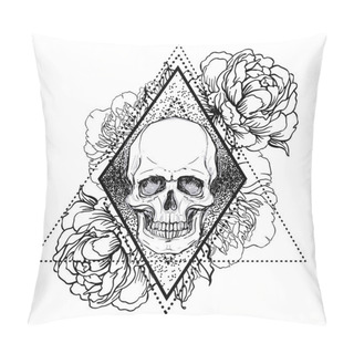 Personality  Human Skull With Peony, Rose And Poppy Flowers Over Sacred Geometry  Background.Tattoo Design Element. Vector Illustration. Pillow Covers
