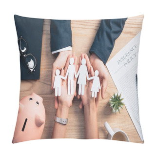 Personality  Top View Of Lawyer And Woman Holding Paper Cut Family Near Cup Of Coffee, Insurance Policy Agreement, Piggy Bank And Plant Pillow Covers
