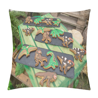 Personality  Homemade Gingerbread Cookies With The Handmade Icing Decoration As Funny Dinosaurs. Wooden Surface. Pillow Covers