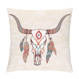 Personality  Vector Illustration Of Bull Skull With Feathers Pillow Covers