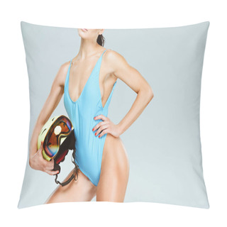 Personality  Cropped Image Of Sexy Sportswoman In Blue Swimsuit Holding Helmet And Ski Goggles Isolated On Grey Pillow Covers