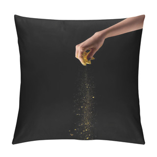 Personality  Cropped View Of Adult Woman Holding And Sprinkling Yellow Holi Powder On Black Background Pillow Covers