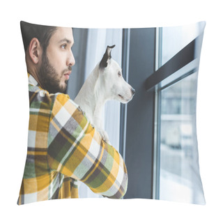 Personality  Bearded Man Holding Jack Russell Terrier Dog And Looking At Window Pillow Covers