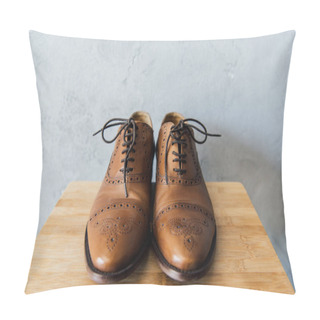 Personality  Brown Oxford Shoes On Wooden Stool Pillow Covers