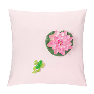 Personality  Minimal Layout Made With Pink Lotus Flower And Green Frog. Creative Nature Flat Lay Concept. Pastel Pink Background Idea. Pillow Covers