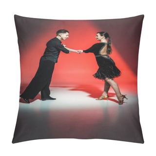 Personality  Elegant Young Couple Of Ballroom Dancers In Black Outfits Dancing In Red Light Pillow Covers