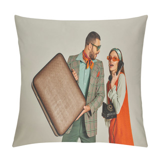 Personality  Excited Man With Vintage Suitcase Near Retro Style Woman Talking On Corded Phone On Grey Pillow Covers