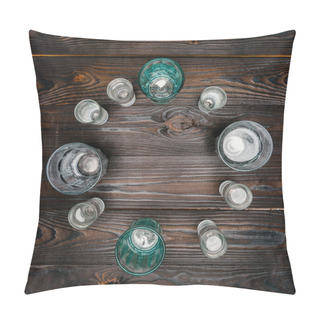 Personality  Top View Of Circle With Different Sized Glasses With Water On Wooden Table Pillow Covers