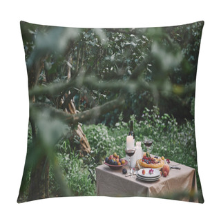 Personality  Berries Pie, Wine And Candles On Table In Garden With Green Trees Pillow Covers