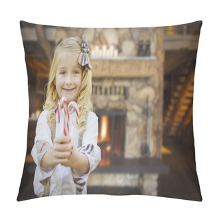 Personality  Cute Young Girl Holding Candy Canes In Rustic Cabin Pillow Covers