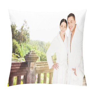 Personality  Happy Couple In Bathrobes Over Spa Hotel Resort Pillow Covers