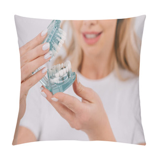 Personality  Cropped View Of Woman With Jaw Model Isolated On White Pillow Covers