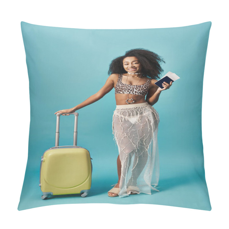 Personality  Young Woman With Suitcase And Passport Posing On Blue Background Pillow Covers