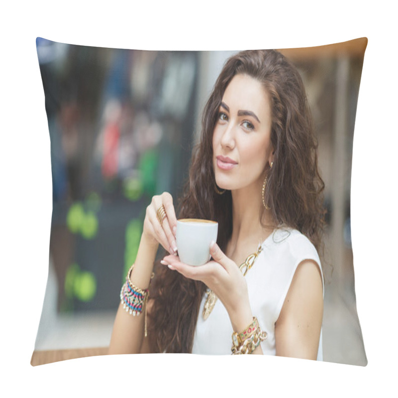 Personality  Woman Drinking Coffee In A Cafe Supermarket. Pillow Covers