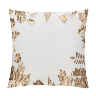 Personality  Frame Of Golden Foliage On White Background With Copy Space Pillow Covers