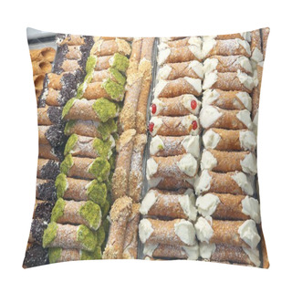 Personality  Showcase Of Pastry With Many Sicilian Cannoli Made With Ricotta Pistachio Or Chocolate Flakes Pillow Covers