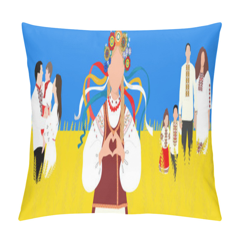 Personality  Ukrainian girl  and families dressed in vyshyvanka on the wheat field. Colors of the national flag - yellow and blue. Independence Day of Ukraine banner. Vector illustration pillow covers